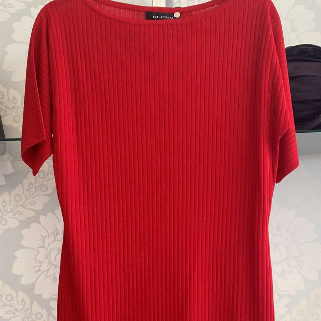 St. John Black Label Red Rayon Blend Ribbed Knit Sheath Dress